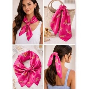 Echo Dragonfly Print Square Silk Scarf Pink Lightweight Neckerchief Whimsical